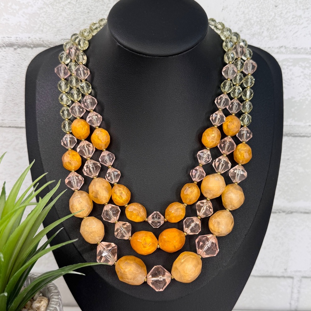 Vintage 60s Retro Apricot Tangerine Slag Lucite Layered Multi Strand Necklace